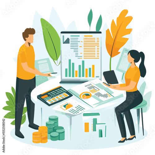 Business people managing finances, flat design, white background, concept of financial growth and management. Vector illustration, vector style simple color
