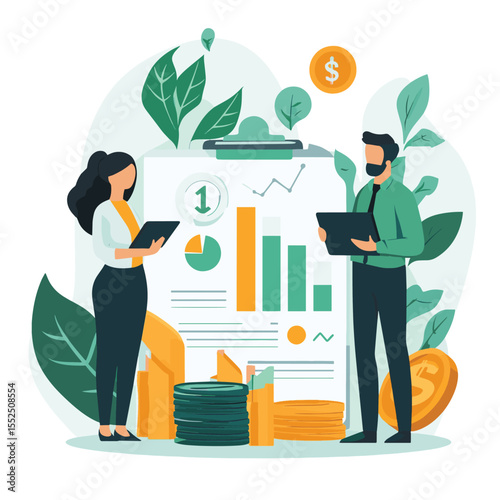 Business people managing finances, flat design, white background, concept of financial growth and management. Vector illustration, vector style simple color