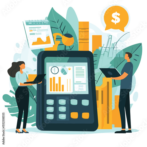Business people managing finances, flat design, white background, concept of financial growth and management. Vector illustration, vector style simple color