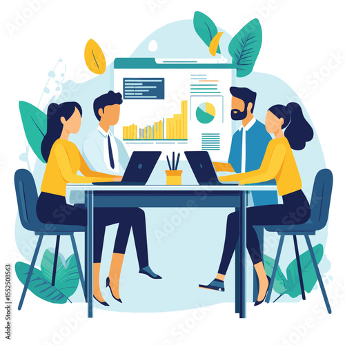 Business team working on various tasks, flat graphic style, white background