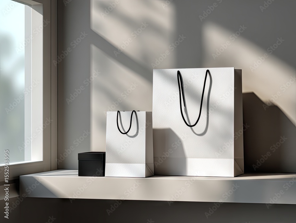 Two white paper shopping bags and a black box sit on a light shelf in sunlit window corner