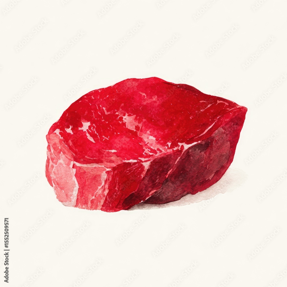 Watercolor painting of a raw beef steak, rich red hues, slightly textured surface, isolated on white background Watercolor painting of a raw beef steak, rich red hues, slightly textured surface, isolated on white background