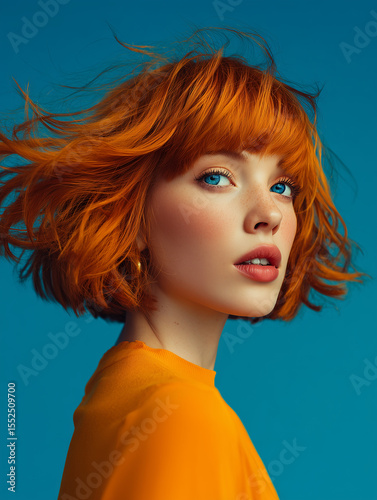 fashion photo of a young pretty white woman with blue eyes and ginger hair and bangs, in yellow t-shirt showcasing her vibrant bob haircut against a solid blue background. 