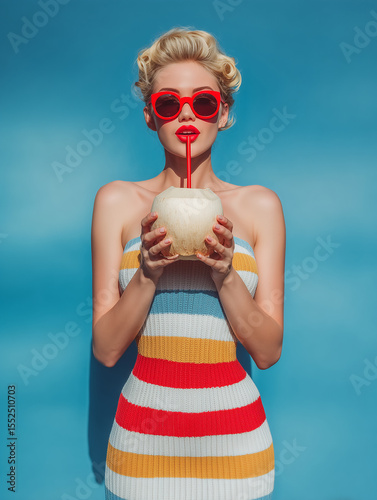 beautiful female model on a retro summer photo session, red sun glasses | blue background