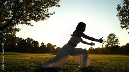 Silhouette of a woman practicing yoga at sunset in a serene park, promoting relaxation and wellness