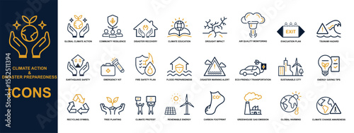 Climate Action & Disaster Preparedness Line Icons – Eco Awareness, Emergency Response & Sustainability Set