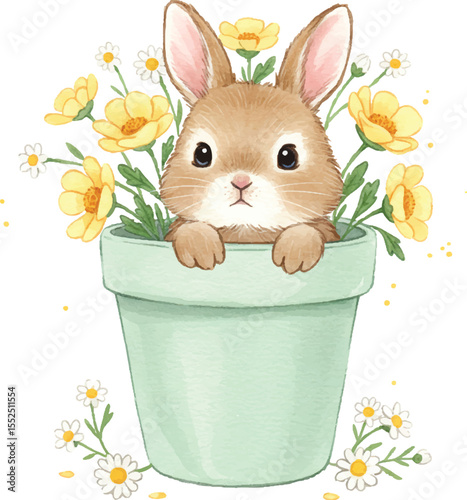 Charming Watercolor Bunny in Flower Pot with Daisies and Yellow Blooms