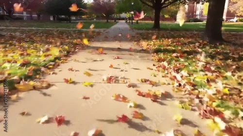 Vibrant autumn leaves swirling on a sidewalk in a park, showcasing seasonal change and tranquility
