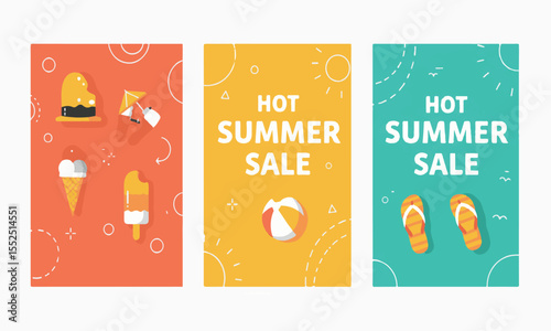 Fun and colorful summer vector set with triple layout, ideal for social feeds, product showcases, or digital shop ads