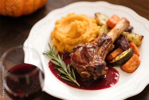 Braised Lamb Shank with Red Wine-Rosemary Sauce, Pumpkin Mash Roasted Vegetables