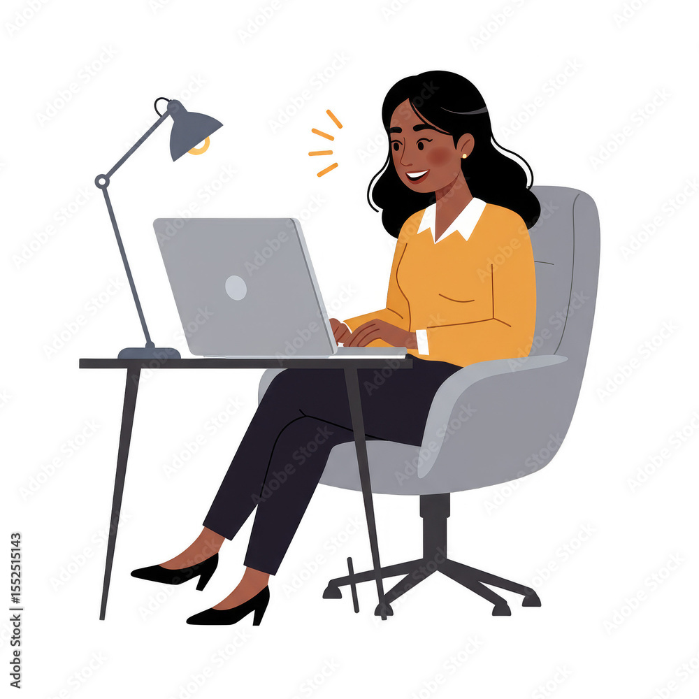 Illustration of Woman Working on Laptop at Desk with Transparent Background Illustration of Woman Working on Laptop at Desk with Transparent Background