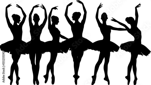 “Elegant black silhouettes of seven ballerinas performing various ballet poses, side-view or slightly turned, standing in a line on a white background. Each figure is graceful, wearing a tutu, with ar