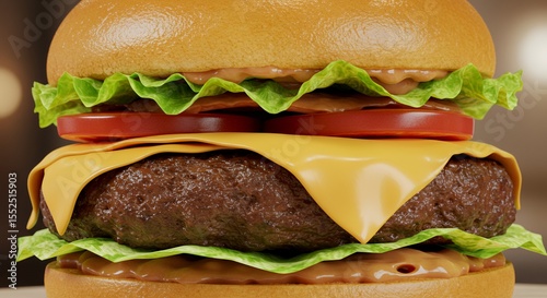 Juicy perfection: This mouthwatering burger boasts melted cheese, crisp lettuce, and a perfectly seared patty.