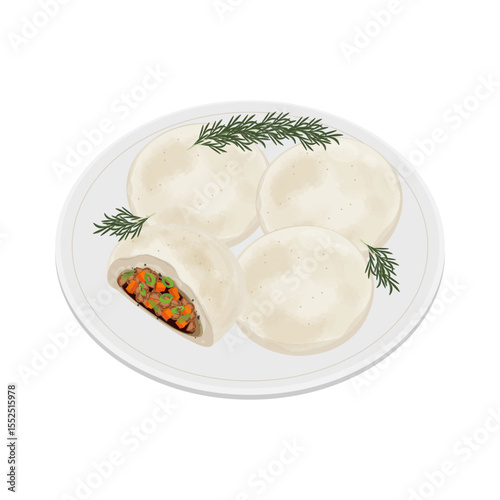 Vector Illustration Logo Clipart Steamed Bun Korean pao or meat Jjinppang Hoppang on a Plate