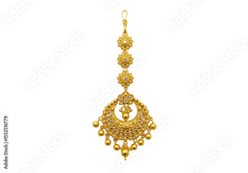 Isolated Golden Maang Tikka Indian Wedding Ornament with Transparent Background