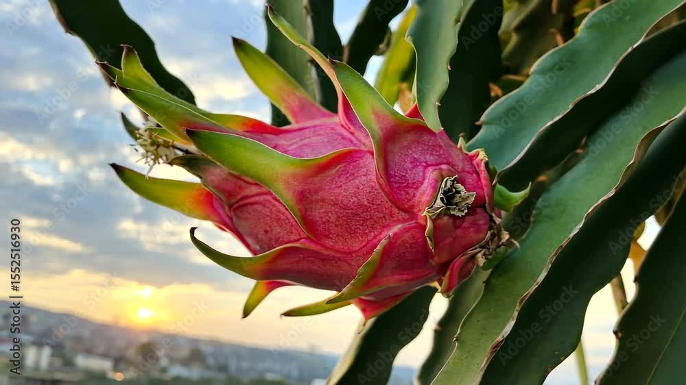 Vibrant dragon fruit hanging from a cactus against a sunset backdrop, showcasing nature's beauty