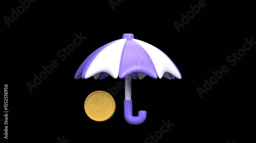 3D Animated Financial Insurance concept showing umbrella, coins. Ideal for banking, fintech, and finance videos. Transparent background with alpha channel