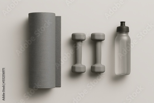 top view of gym products on minimal color floor, bottle of water, dumbbell, yoga mattress 