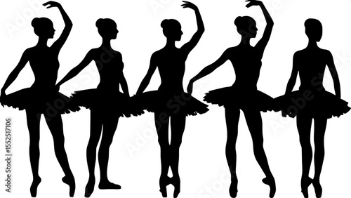 Minimalist ballet-themed composition: seven female silhouettes in black, each in a different classical ballet pose, wearing tutus. Positioned symmetrically across a white background, all dancers face 