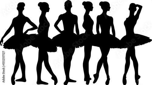 Minimalist ballet-themed composition: seven female silhouettes in black, each in a different classical ballet pose, wearing tutus. Positioned symmetrically across a white background, all dancers face 