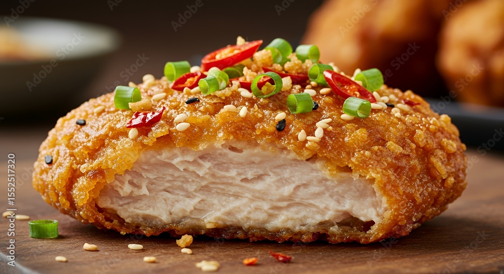 Fototapeta premium Crispy Golden Chicken Bites Topped with Zesty Chili and Sesame Seeds