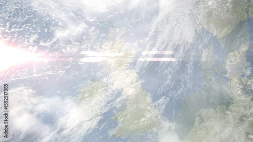 Earth zoom in from space and focus on Musselborough, Scotland, East Lothian, Great Britain. Background for travel intro or blog. Satellite view. 3D style Animation. Images from NASA.