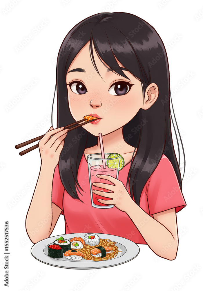 Illustration of Woman Eating Sushi with Transparent Background Cartoon Illustration of Woman Eating Sushi with Transparent Background Cartoon