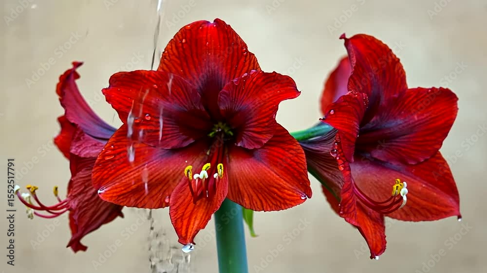 Vibrant red amaryllis flowers blooming against a soft beige background, showcasing nature's beauty