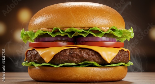 Juicy Cheeseburger Perfection: A mouthwatering close-up of a classic American burger, steaming hot and ready to devour.