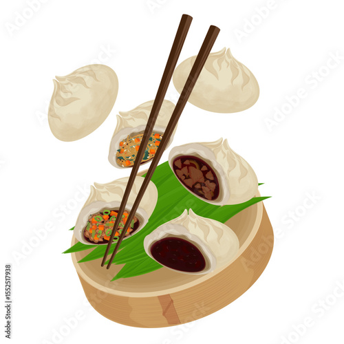 Vector Illustration Logo Clipart Levitation Steamed bun Korean pao or Hoppang Jjinppang Mandu 