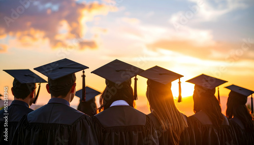 Graduates in Black Gowns Facing Vibrant Sunset Sky, Education