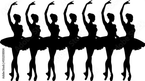 Seven black ballerina silhouettes in distinct, graceful ballet poses, evenly spaced in a horizontal line. Each dancer wears a tutu and is shown in side-view or slightly angled toward the viewer. The c