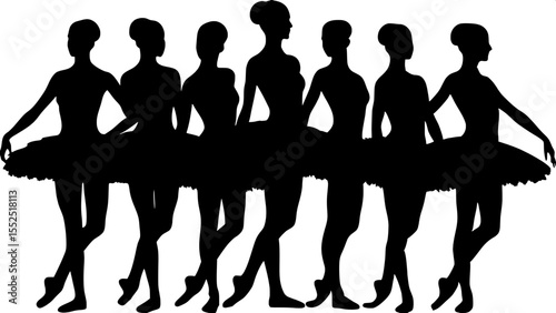 Seven black ballerina silhouettes in distinct, graceful ballet poses, evenly spaced in a horizontal line. Each dancer wears a tutu and is shown in side-view or slightly angled toward the viewer. The c