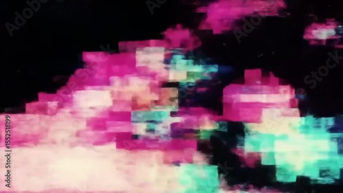 Abstract digital glitch art with vibrant pink, green, and blue colors creating a chaotic visual effect