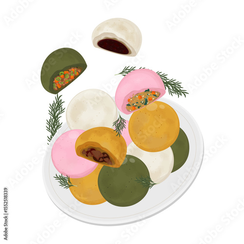 Vector Illustration Logo Clipart Levitation Hoppang or Jjinppang Steamed Bun with Red Bean Paste and Meat  