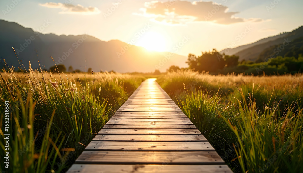 Obraz premium Wooden Boardwalk Through Green Meadow at Golden Sunset