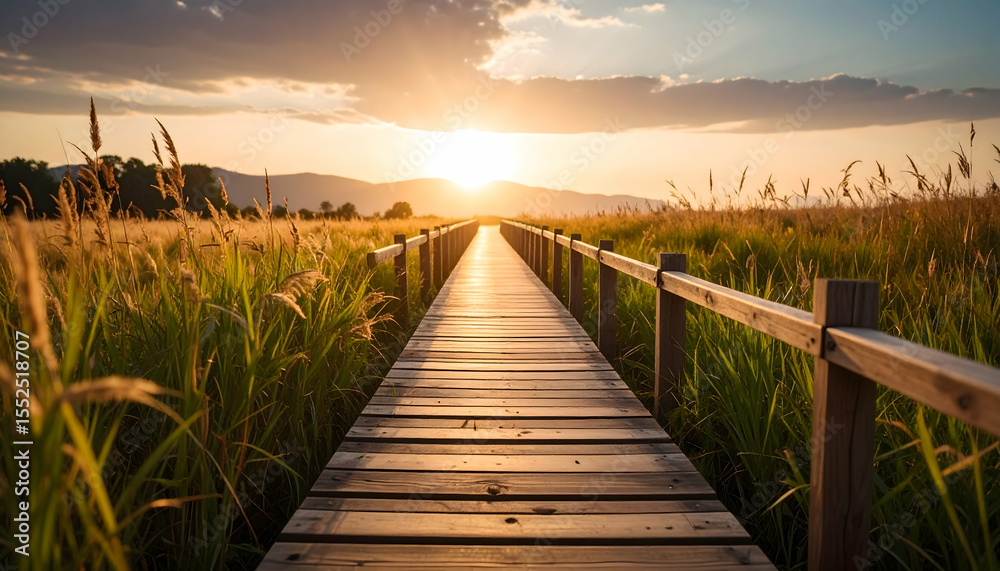 Obraz premium Wooden Pathway Through Grassy Field at Sunset with Warm Light