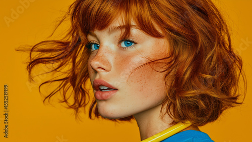 fashion photo of a young pretty white woman with blue eyes and ginger hair and bangs, in blue t-shirt showcasing her vibrant bob haircut against a solid yellow background. 