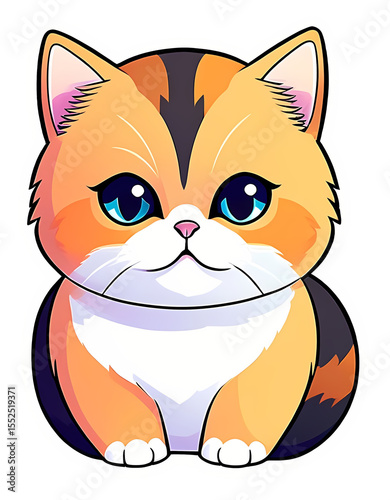 cute cartoon sticker art design of an orange, black, and white calico cat kitten kitty with blue eyes and a striped tail (transparent background)