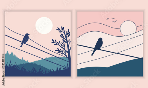 Minimal abstract landscape background in shades of green