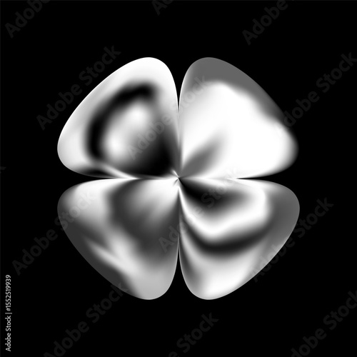 3D chrome flower in Y2K style. Metallic abstract shape with holographic gradient and glossy texture. Futuristic vector element with sparkle, fluid form and shiny silver reflection. Isolated render.