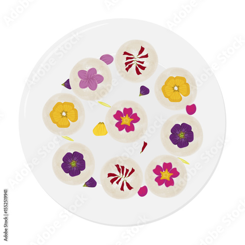 Vector Illustration Logo Clipart Top View Hwajeon Korean Traditional Sweet Rice Cakes with Flowers on a Plate
