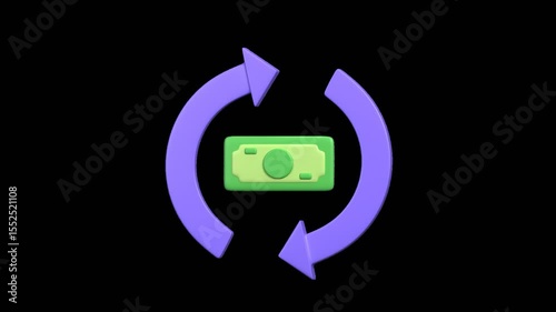 3D Animated Investment Flow showing arrows, dollar cash in motion. Ideal for explaining capital movement and financial strategy. Includes alpha channel and transparent background