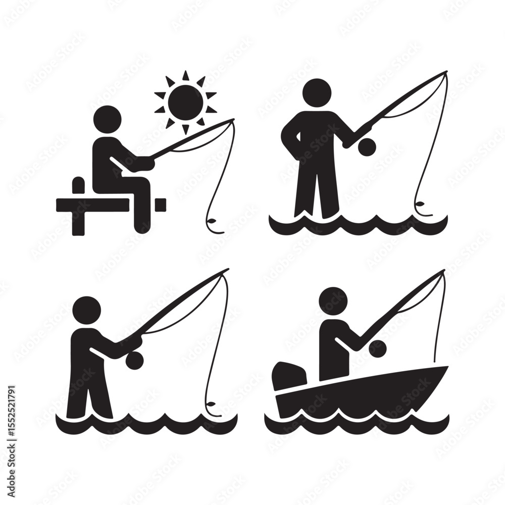 Fototapeta premium Fishing Stick Figures Illustrations. Bench, Water, Boat, and Sun Fishing Icons. Silhouette of Fishermen in Various Fishing Poses. Bench, Boat, and Water Fishing Illustrations.