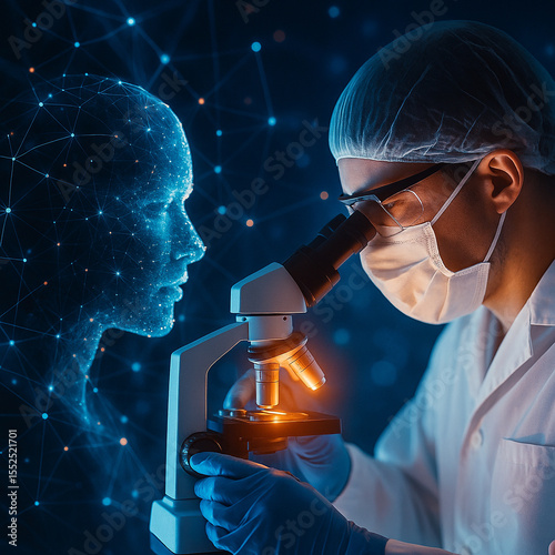 AI generated futuristic image of a scientist wearing lab safety gear examining a specimen under a microscope with a glowing digital holographic human face representing artificial intelligence