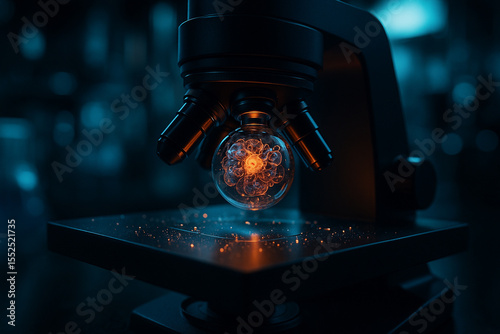 AI generated futuristic microscope analyzing a glowing cellular structure under magnification in a dark sci fi laboratory environment with neon blue and orange lights evoking discovery and precision
