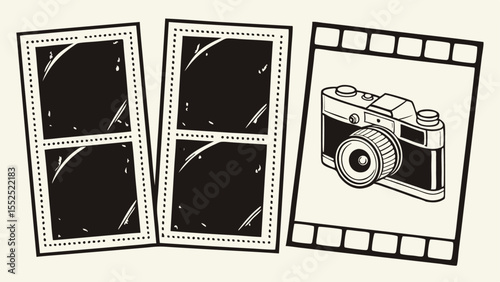 Vintage camera filmstrip photo frames with old grunge borders, perfect for retro photography and cinema designs