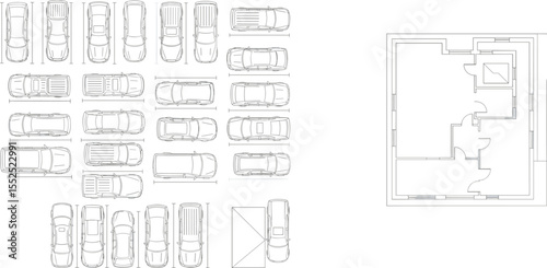 Top view architectural drawing showing car parking layout with various vehicles, residential floor plan, blueprint design, city planning elements

 flat vector illustration