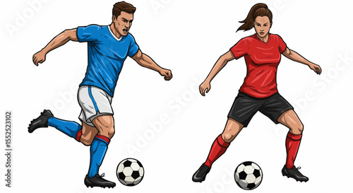 Male and female soccer players kicking ball – sports action illustration for football events or tournament promotion.