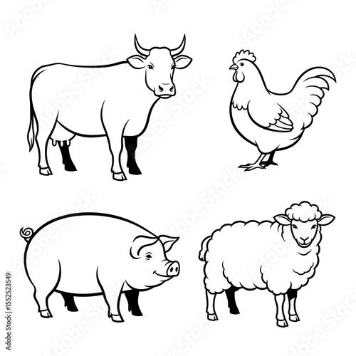 Farm Animals Black and White Icons